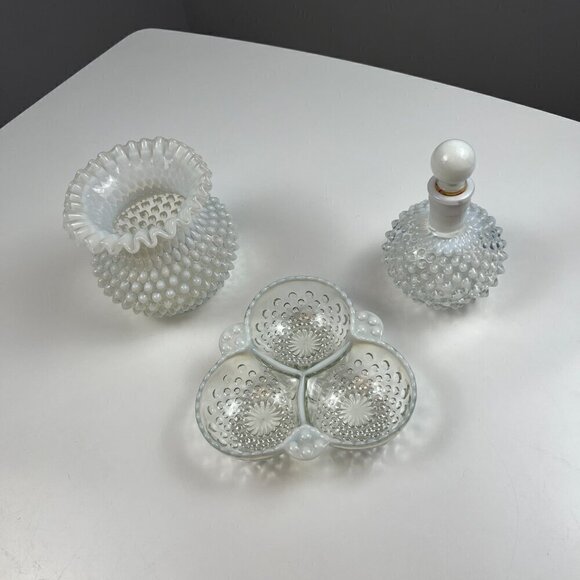 Vtg Fenton hobnail opalescent glass candy trinket dish, vase, parfum bottle set - Picture 2 of 16